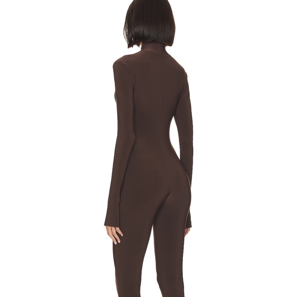 Norma Kamali Slim Fit Turtle Catsuit With Footsie in Chocolate - Picture 4 of 13